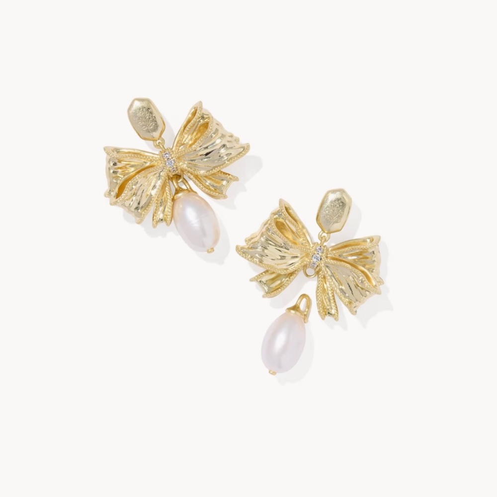 Kendra Scott Gold Bow Pearl Drop Earrings - Picture 3 of 7